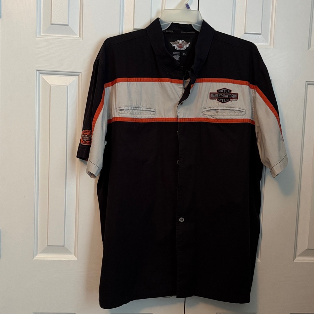 Harley-Davidson Vintage Black and Grey Mechanic Shirt with Orange Trim 2XL